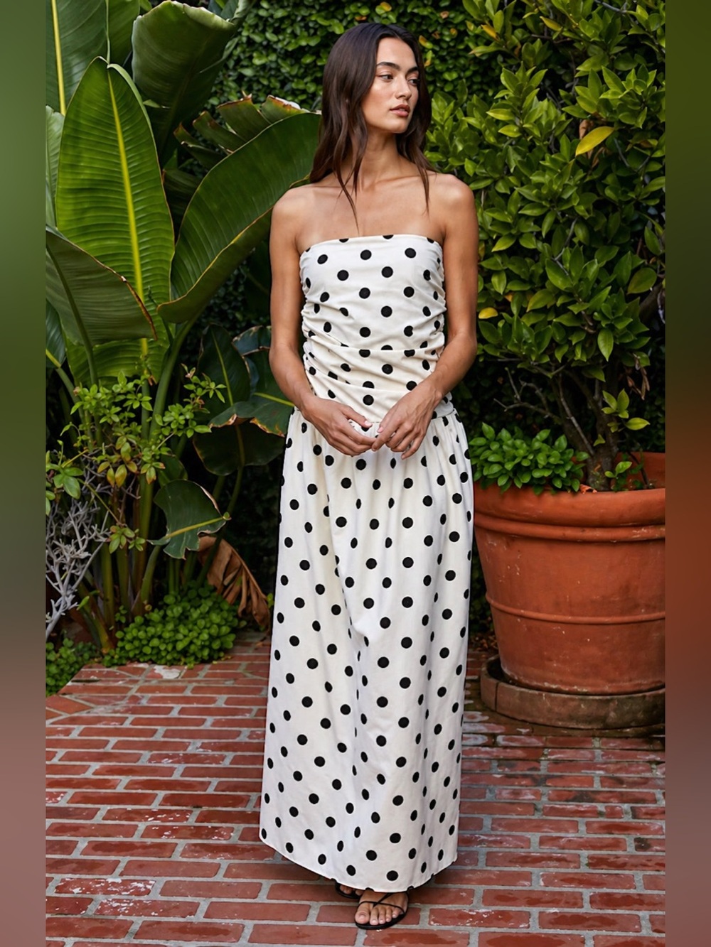 By Together Strapless Polka Dot Ruched Midi Dress